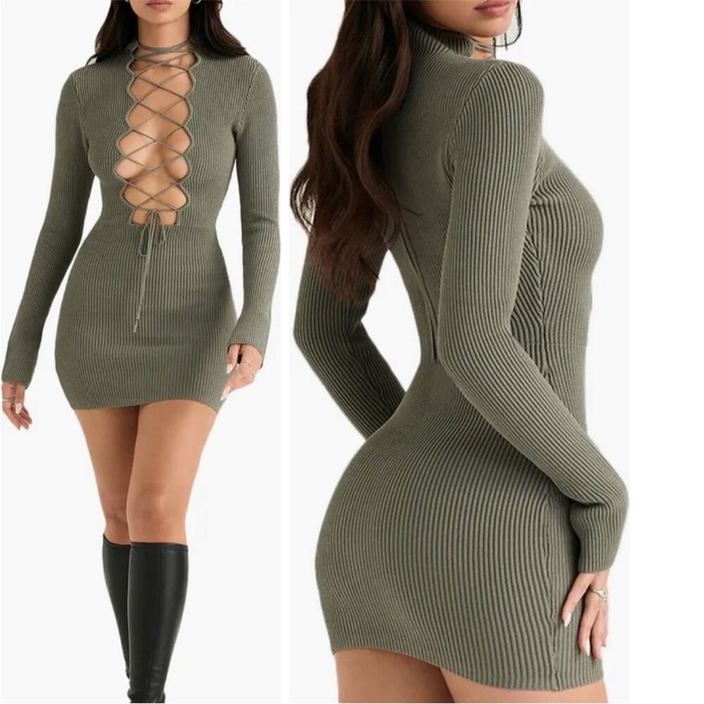 HOUSE OF CB Jada Artichoke Green Ribbed Tie Up Sexy Peekaboo Mini Knot Dress
